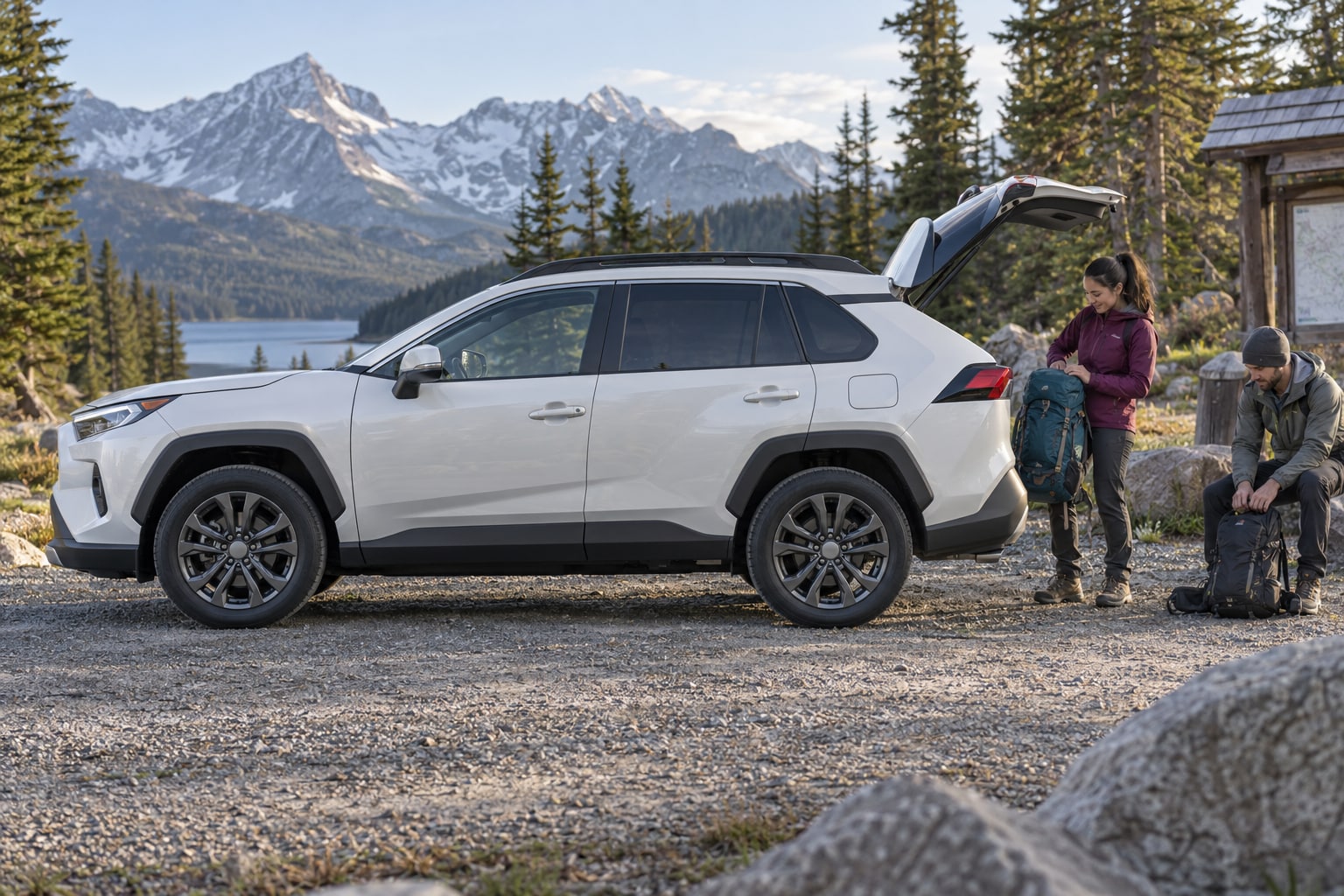 Toyota RAV4 versichern: Diebstahlschutz, Vollkasko und Hybridtechnik gemeinsam betrachten. Zwei Wanderer bereiten Rucksäcke neben einem weißen SUV an einem Bergparkplatz vor