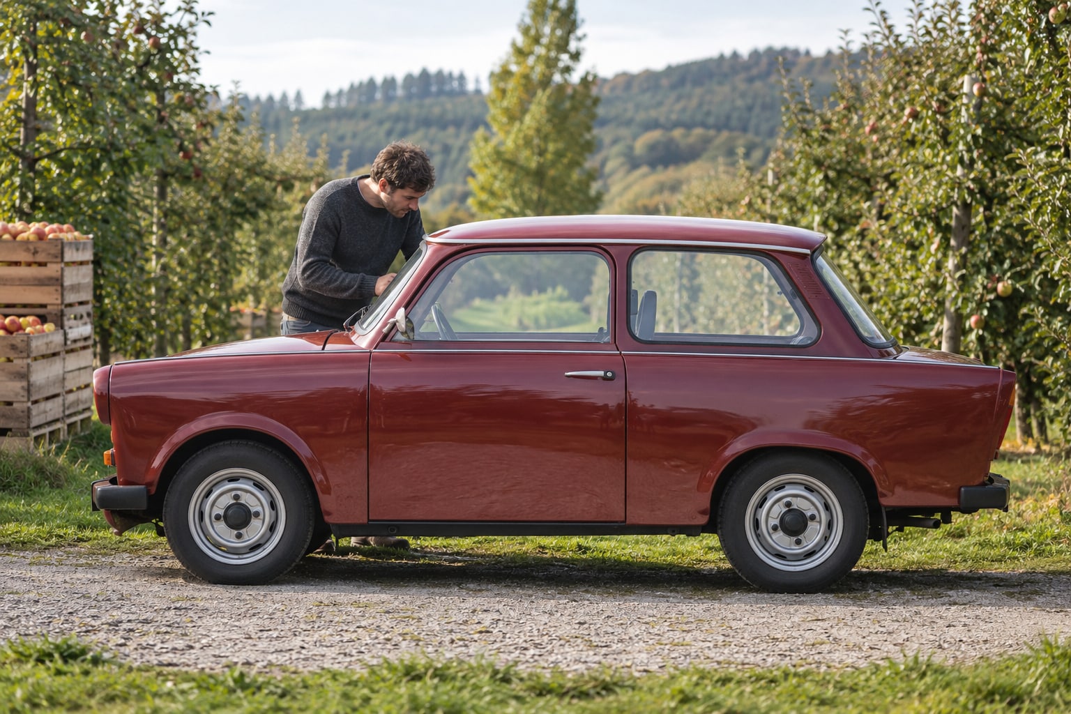 Bordeauxrote historische zweitürige Limousine mit Mann vor einer Wiese: Trabant Autoversicherung
