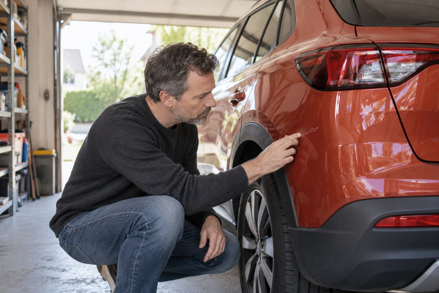 Mann untersucht einen Kratzer am hinteren Kotflügel eines kupferfarbenen SUV