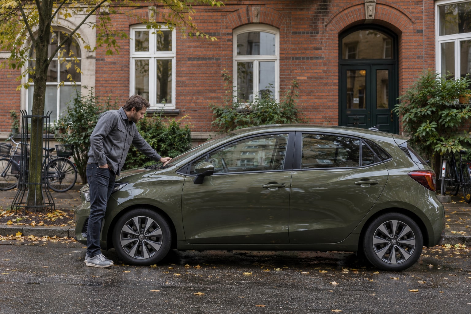 Volksfürsorge Kfz-Versicherung: Der alte Vertriebsname erklärt nicht allein den heutigen Tarif. Mann kontrolliert die Windschutzscheibe eines grünen Kompaktwagens vor einem Backsteinhaus