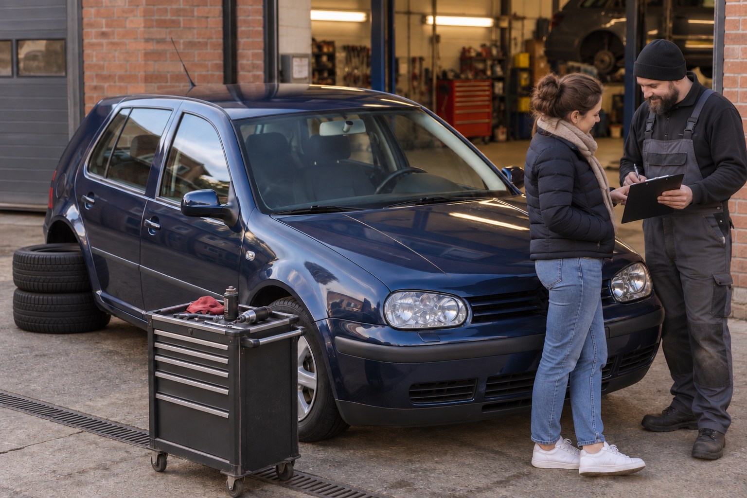 Besitzerin und Mechaniker besprechen Unterlagen neben einem blauen VW Golf IV vor einer Werkstatt