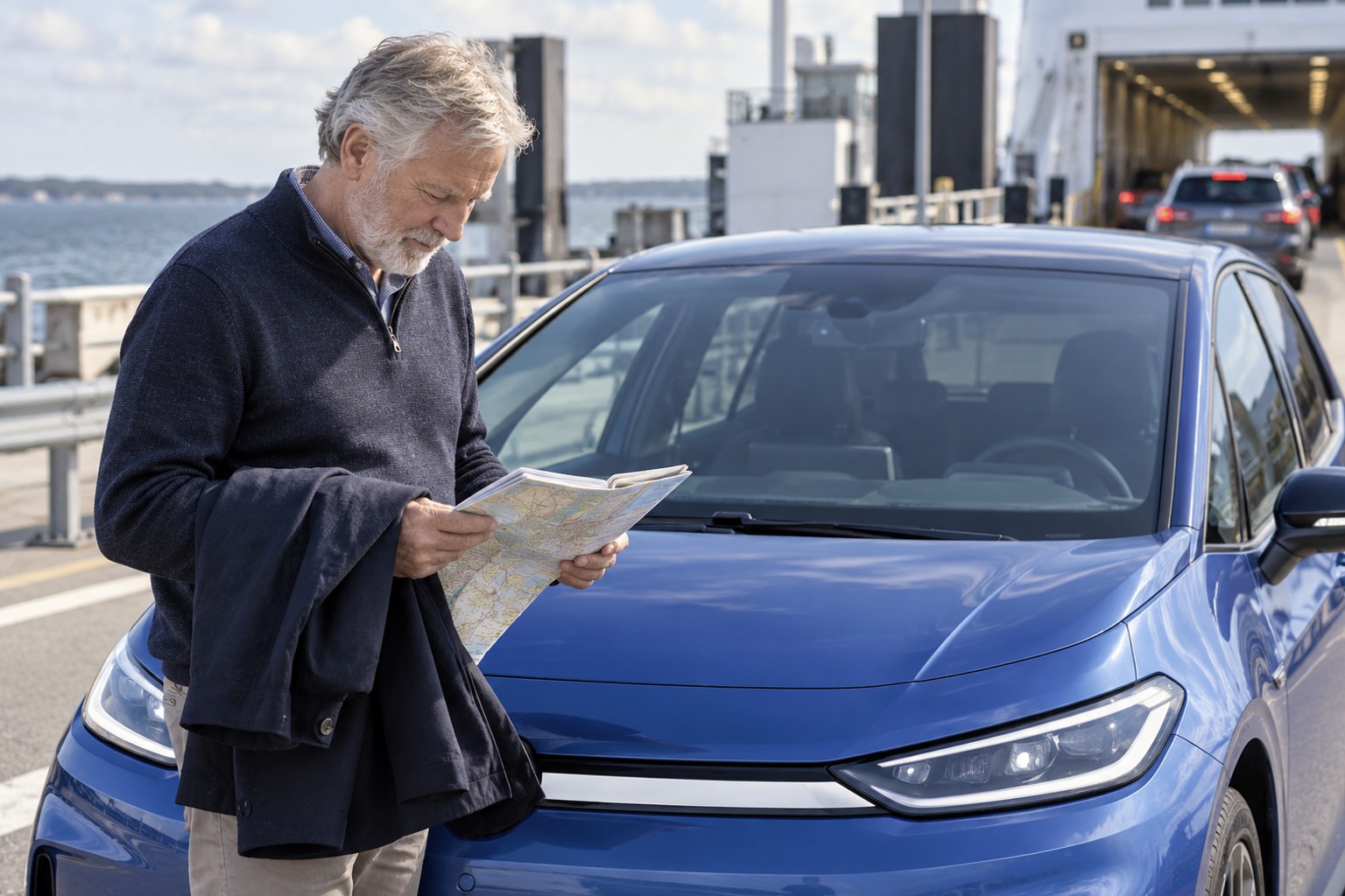 VW ID.3 Neo: Vehicle-to-Load allein versichert angeschlossene Geräte nicht. Mann liest eine Straßenkarte vor einem blauen VW ID.3 Neo am Fährterminal