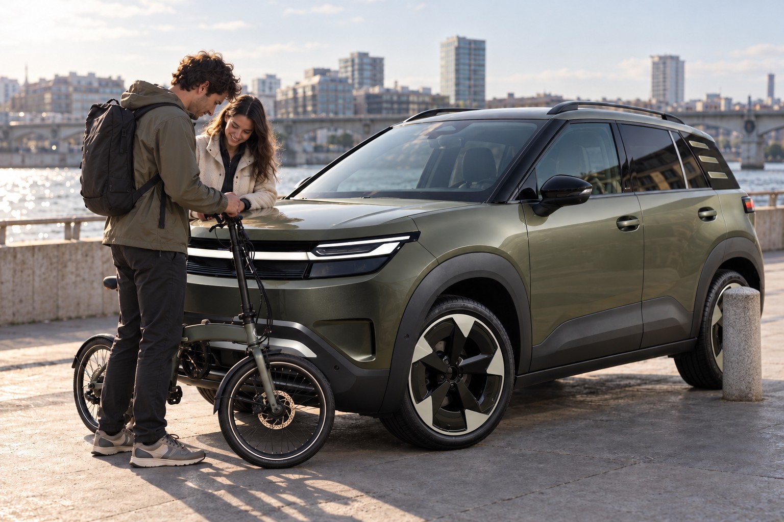 VW ID. Cross: Fahrradtransport erweitert den Kaskoschutz nicht automatisch. Paar mit Faltrad vor einem olivfarbenen VW ID. Cross an einer Uferpromenade