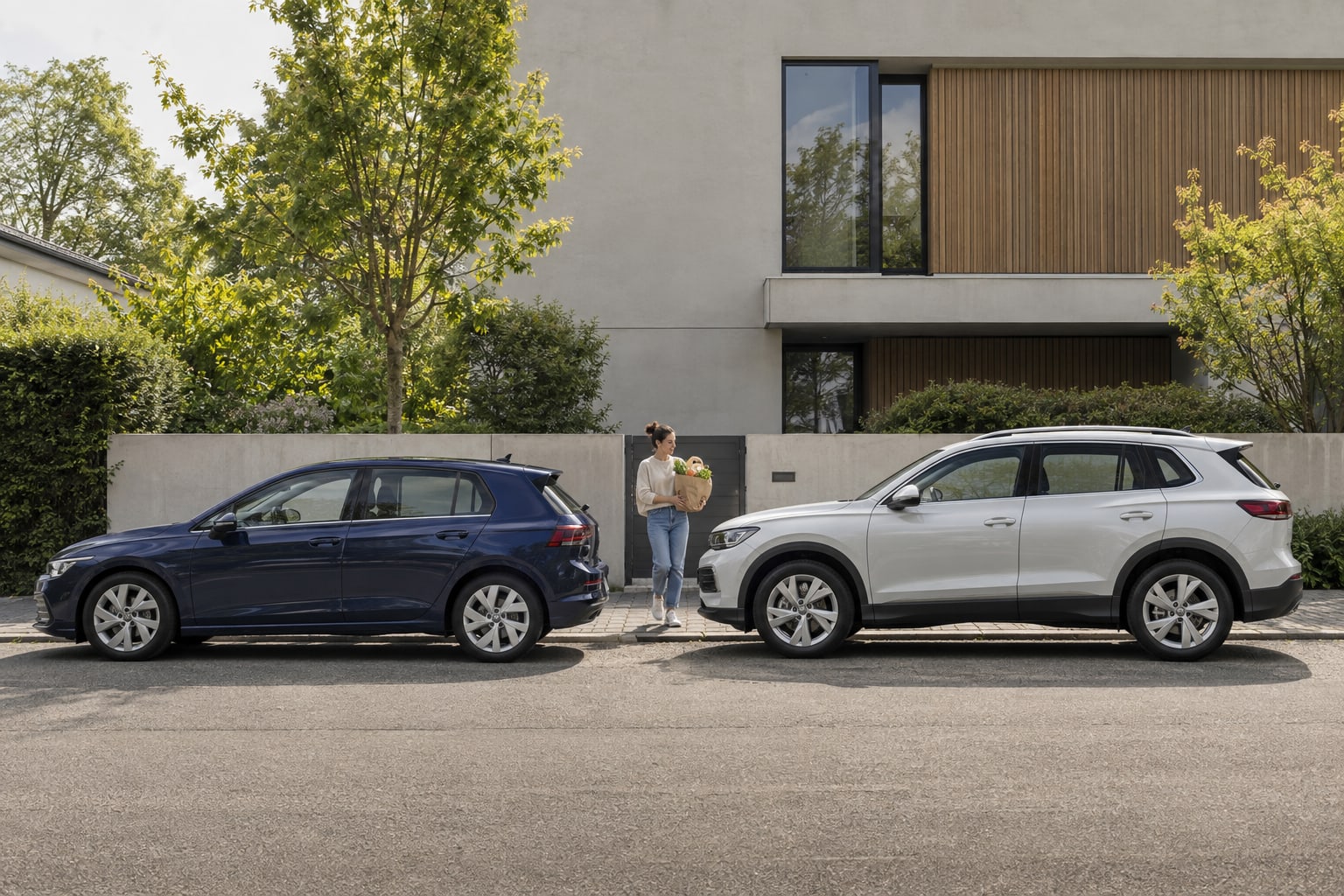 Volkswagen Autoversicherung: Blauer Kompaktwagen und weißes SUV in Seitenansicht vor einem modernen Gebäude