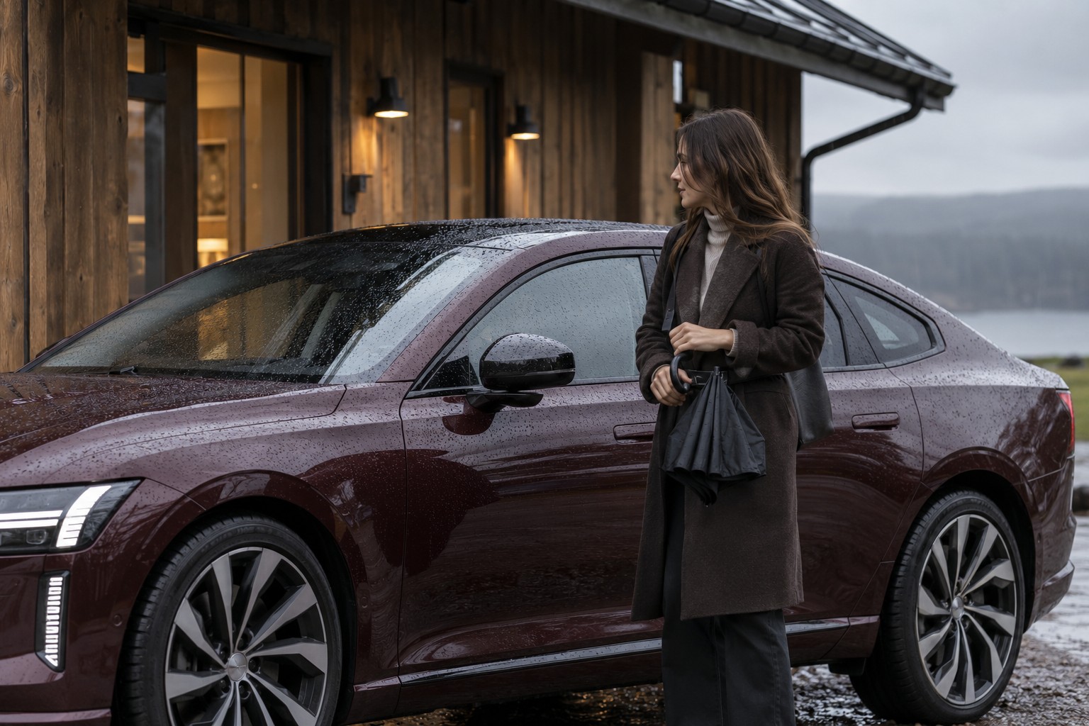 Frau mit gefaltetem Regenschirm neben einem roten Volvo ES90 vor einem Holzgasthaus