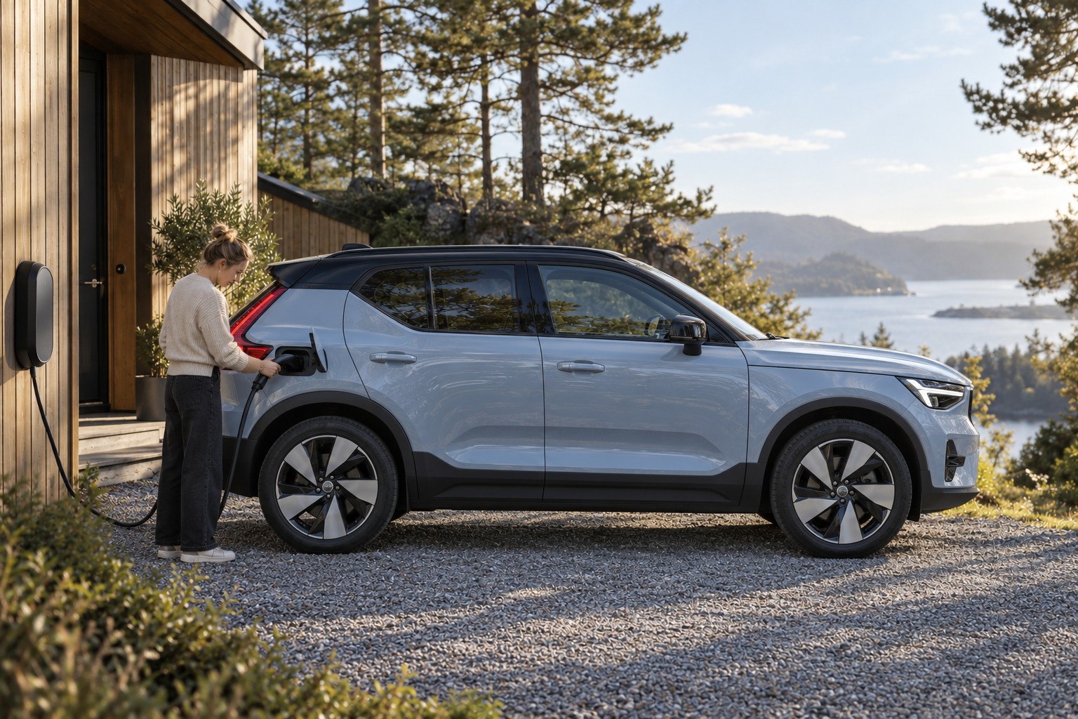 Hellblauer Volvo EX40 im Seitenprofil vor einem Holzhaus; eine Frau lädt an der hinteren Fahrzeugseite