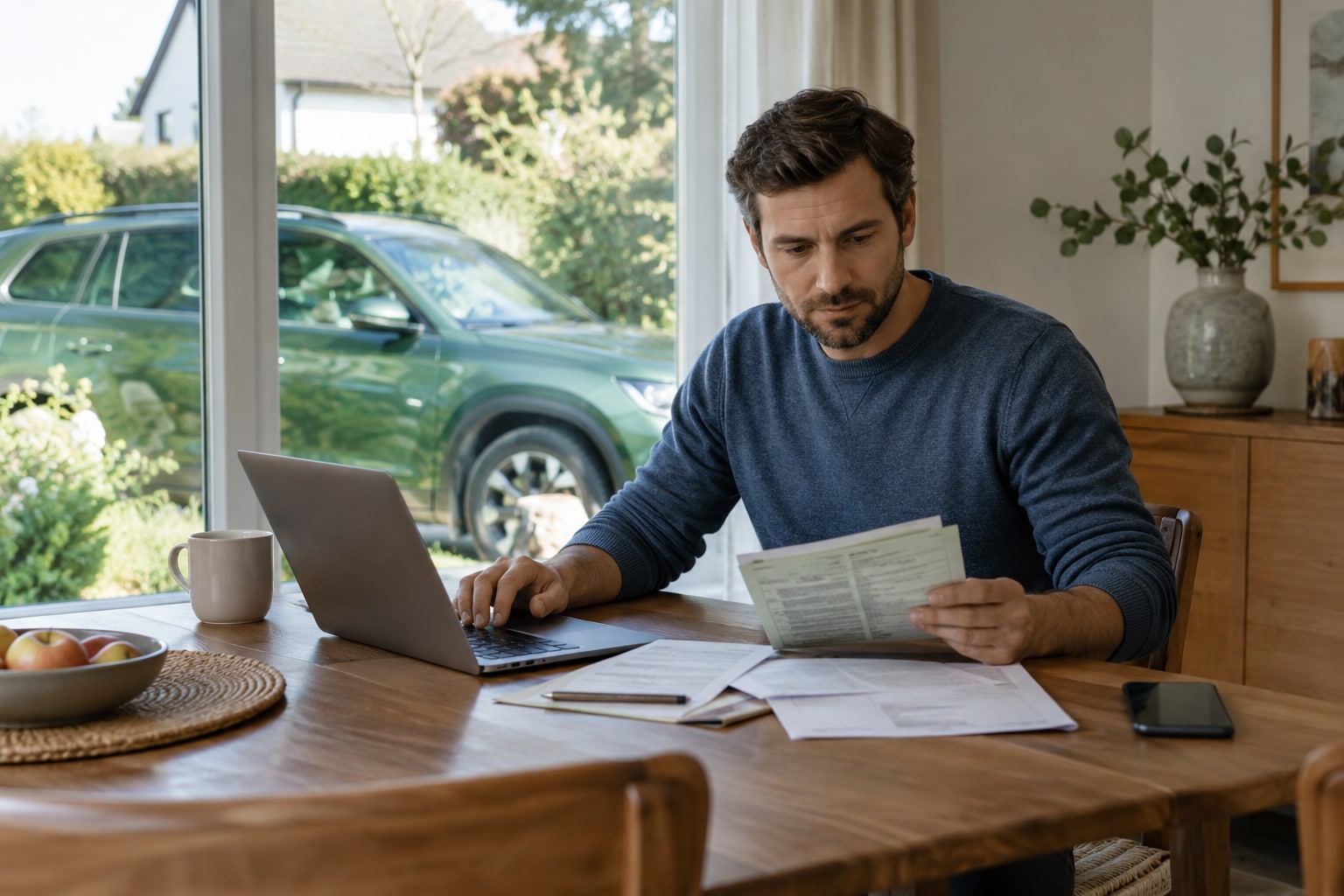 Mann prüft am Esstisch Unterlagen auf Papier und Laptop mit Blick auf einen grünen Pkw