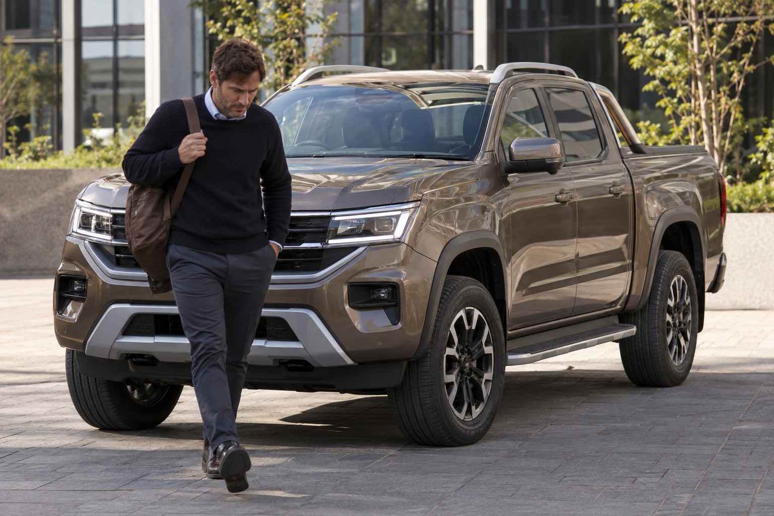 Mann mit Tasche vor einem bronzefarbenen VW Amarok in einem Bürohof