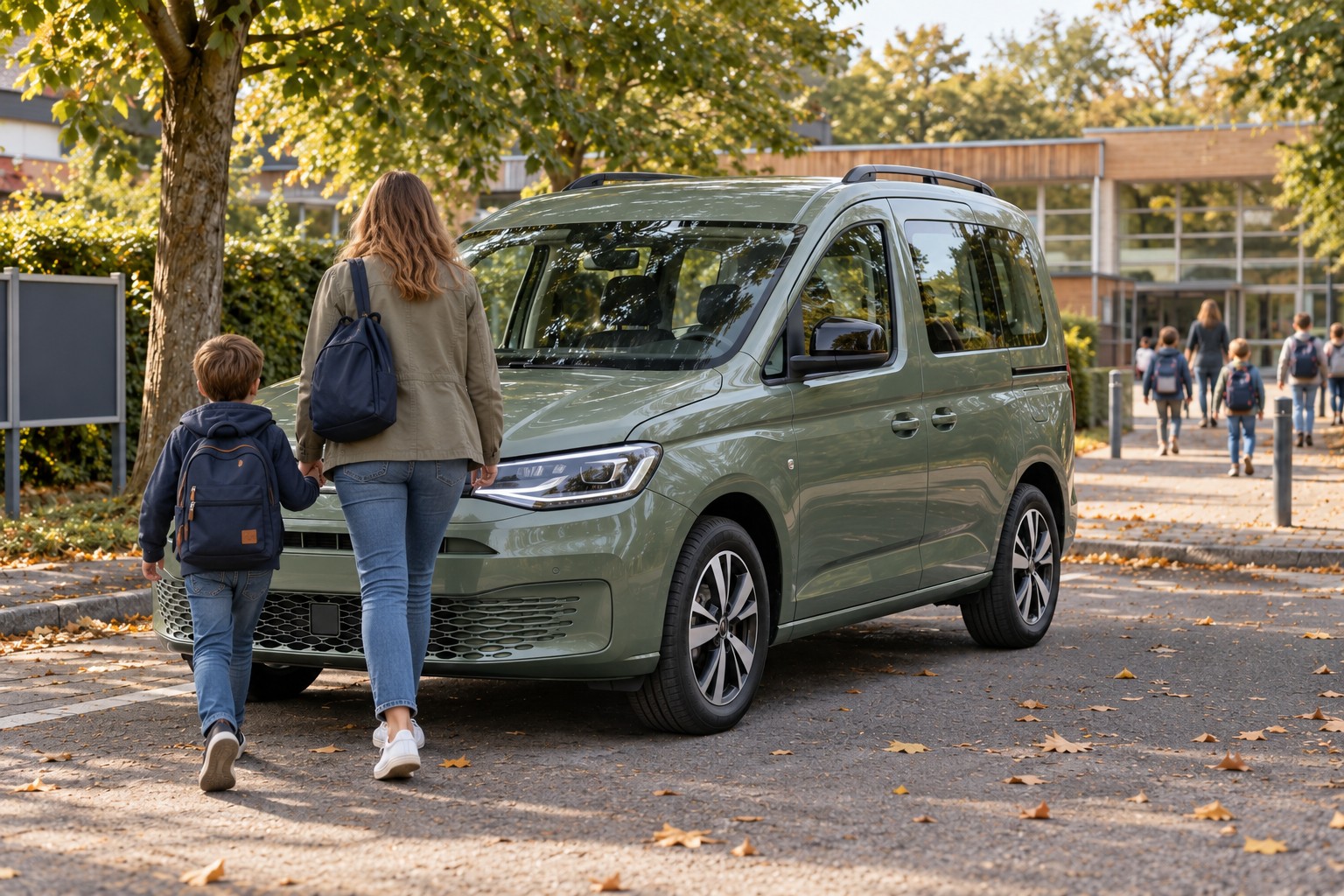 Caddy mit Pkw-Zulassung, Cargo und Camper benötigen eine passende Zuordnung. Grüner VW Caddy an einer Schule; eine Person mit Rucksack geht vor dem Fahrzeug vorbei