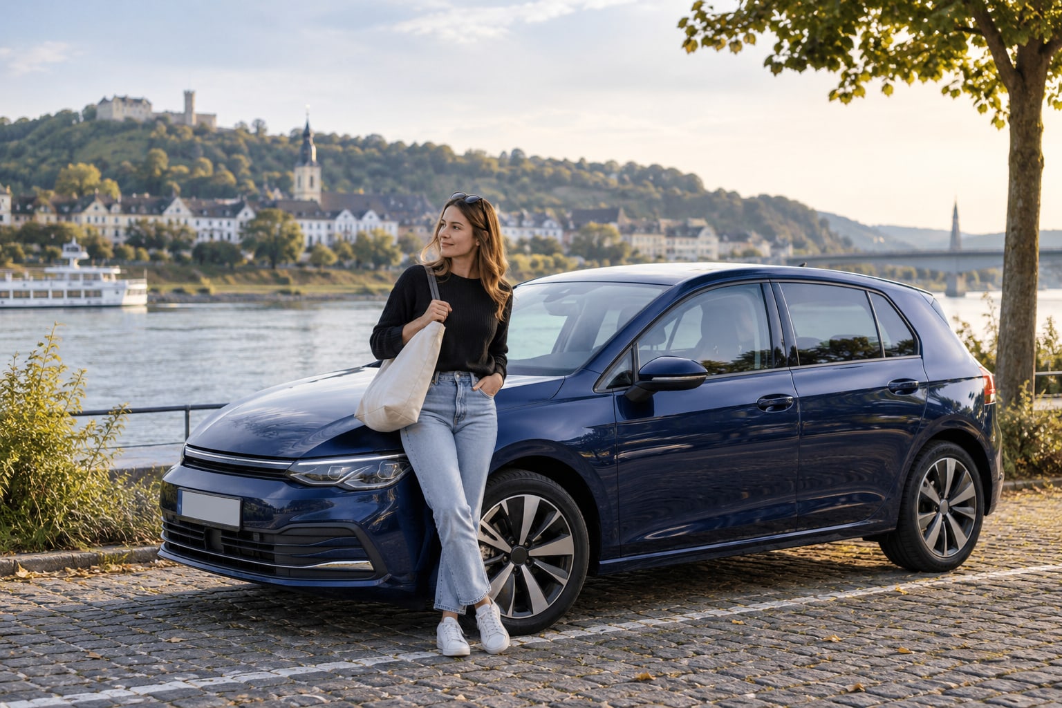 Welche Autoversicherung passt zum VW Golf 8? Beim eTSI zählen andere Fahrzeugdaten als beim GTE oder GTI. Frau vor einem blauen VW Golf 8 an einer Seepromenade