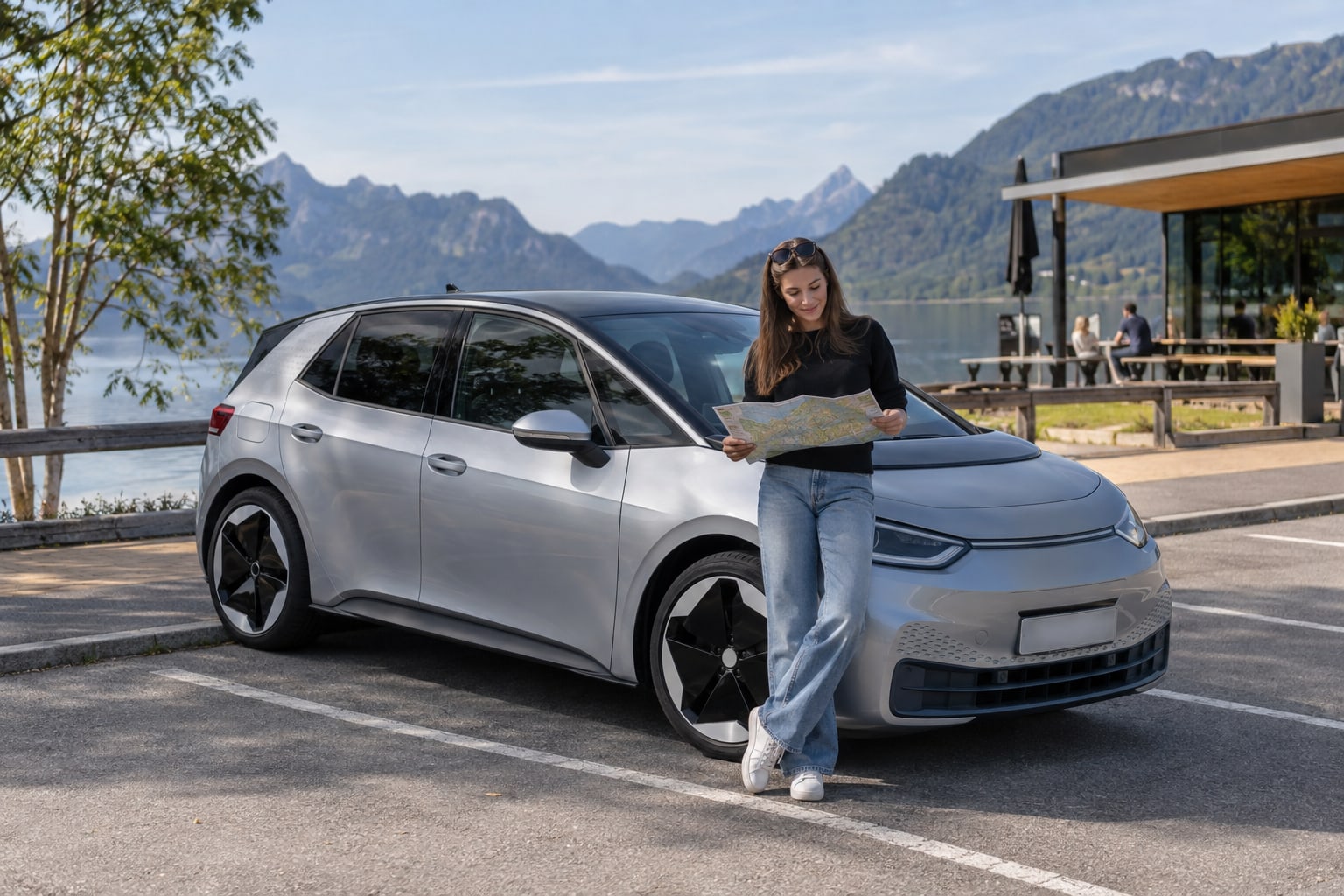 Frau mit Laptop vor einem weißen Elektro-Kompaktwagen an einem Rastplatz