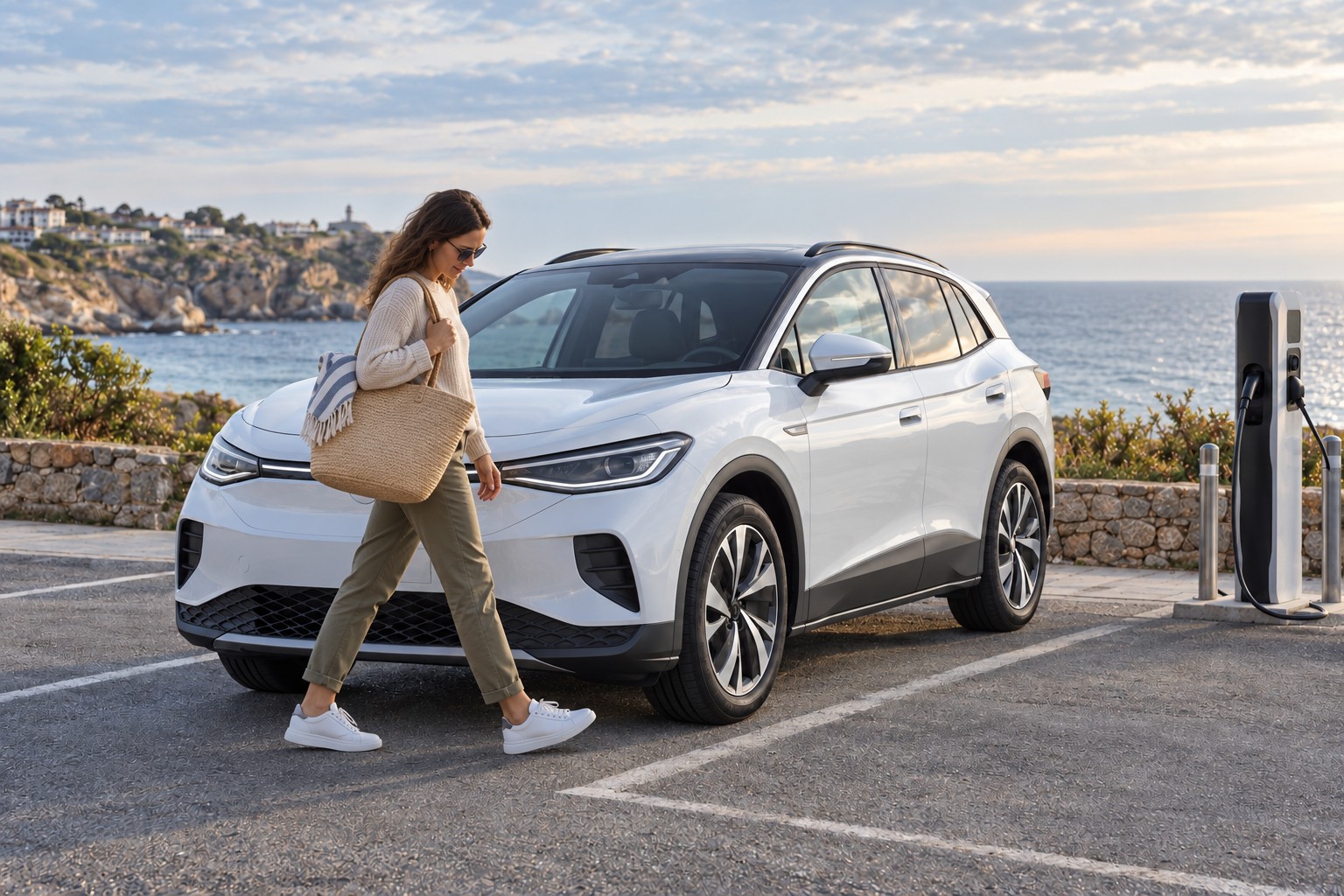 Weißer VW ID.4 an einem Küstenparkplatz; eine Frau trägt eine Strandtasche vor dem SUV