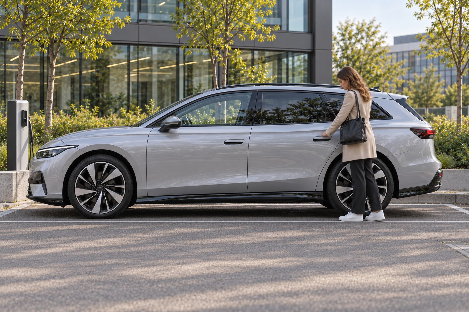 Silberner VW ID.7 Tourer im Seitenprofil an einem Bürogebäude