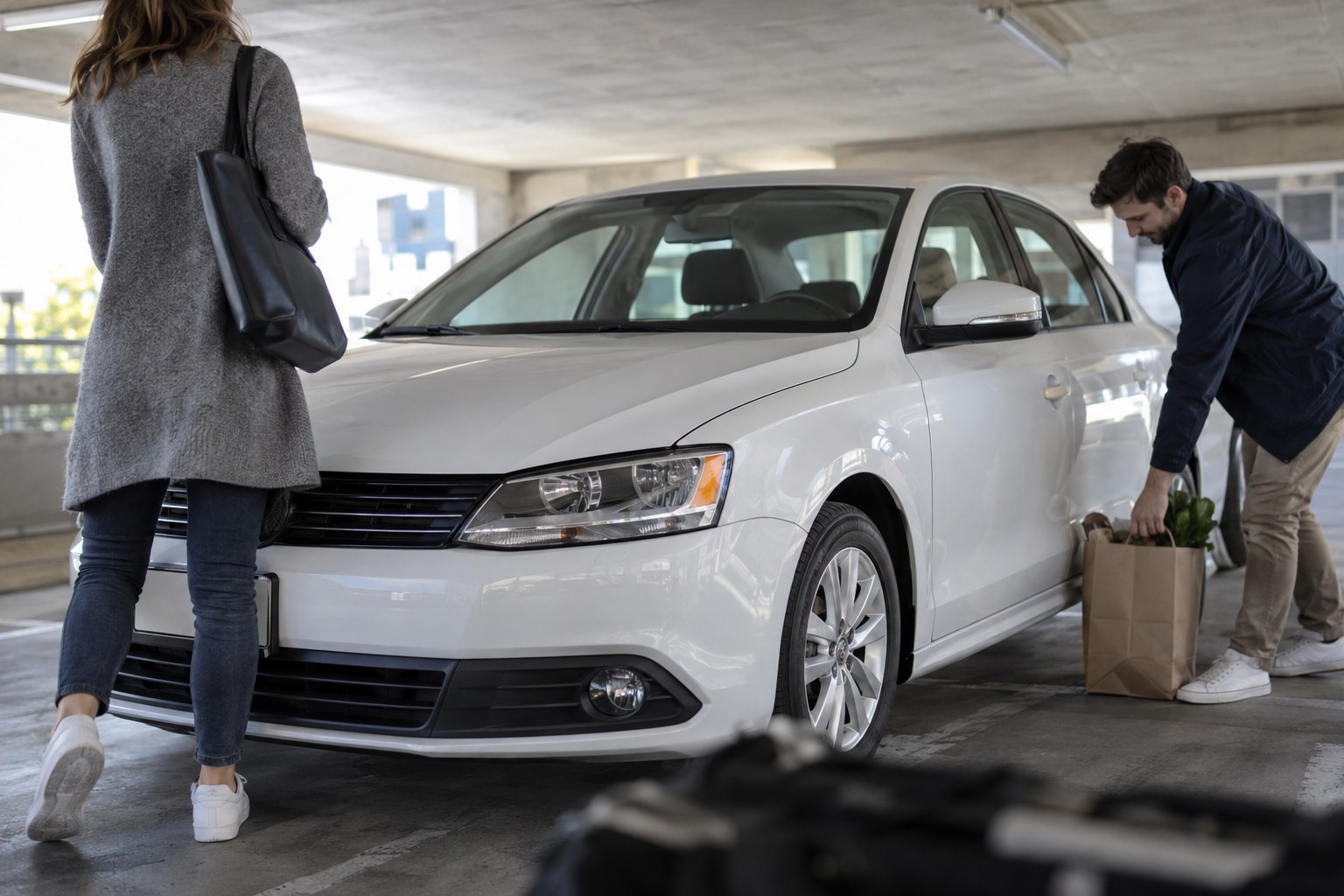 VW Jetta: Beim Jetta hilft die Baureihenbezeichnung, ältere Stufenheckmodelle und spätere Motorisierungen auseinanderzuhalten. Weißer VW Jetta in einem hellen Parkhaus neben Einkaufskartons