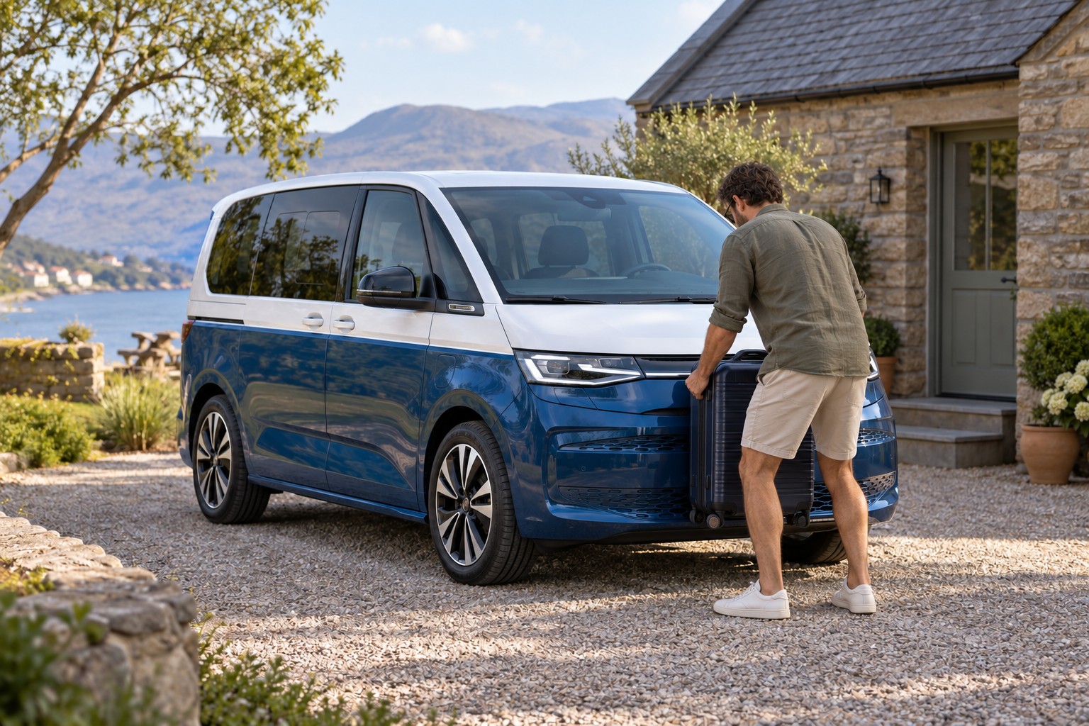 Blau-weißer VW Multivan vor einem Ferienhaus; ein Mann hält einen aufrecht stehenden Reisekoffer