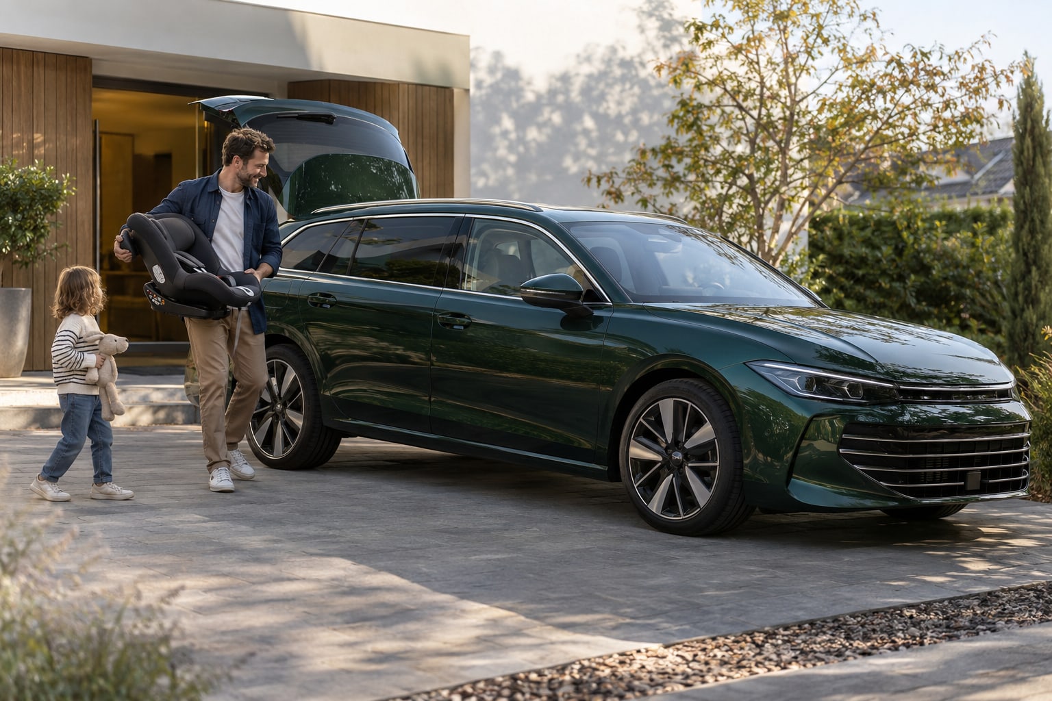 Familie neben einem dunkelgrünen VW Passat Variant vor einem Wohnhaus