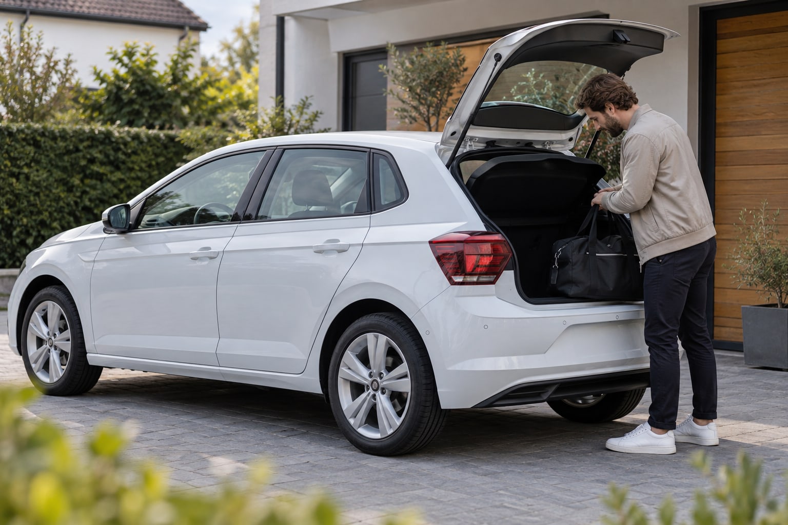 Mann mit Tasche am geöffneten Kofferraum eines weißen VW Polo vor einer Garage