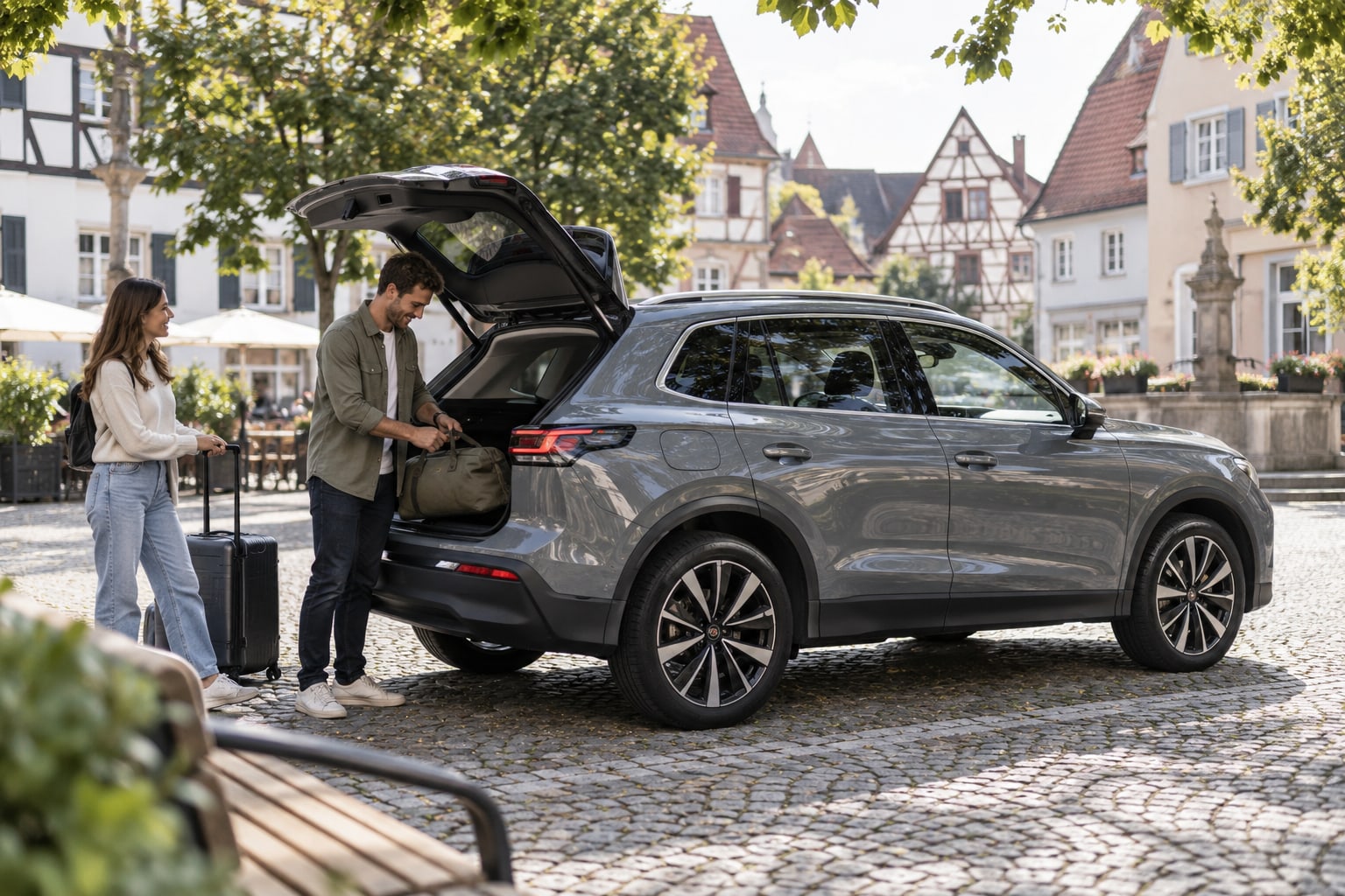 Paar mit Koffer am offenen Heck eines grauen VW Tiguan auf einem Stadtplatz