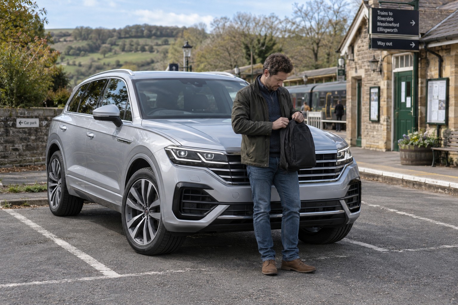 Mann mit Tasche vor einem silbernen VW Touareg an einem Bahnhof