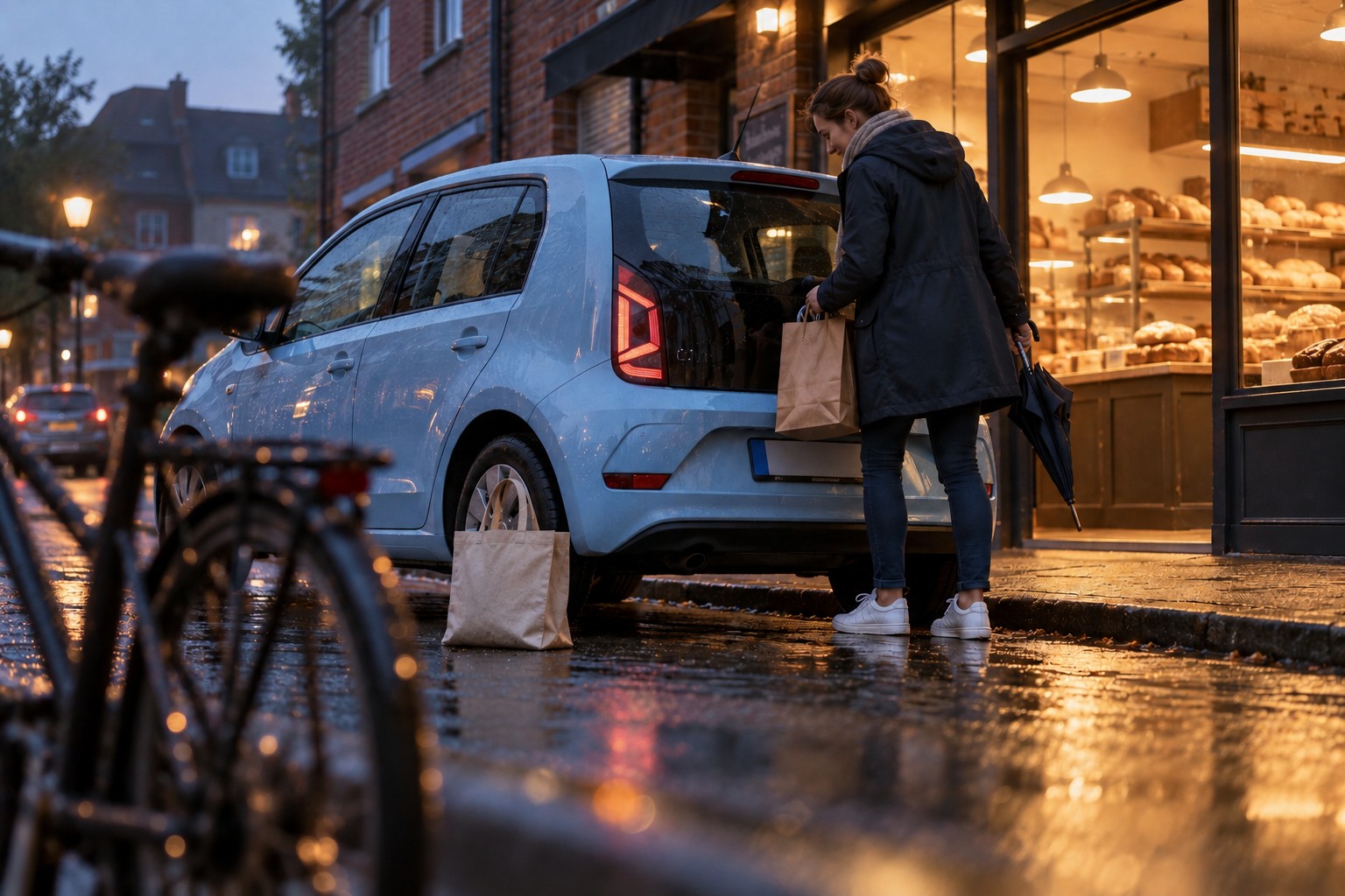 VW up! Versicherung: Benziner, Erdgas und Elektro Hellblauer VW up! vor einer Bäckerei auf nasser Straße, daneben eine Frau mit Einkaufstüte