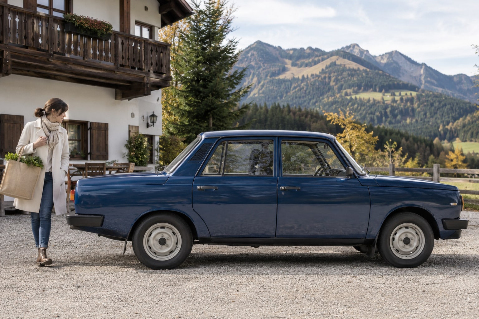 Wartburg 1.3: blaue kantige historische Limousine mit Frau vor einem Bergchalet