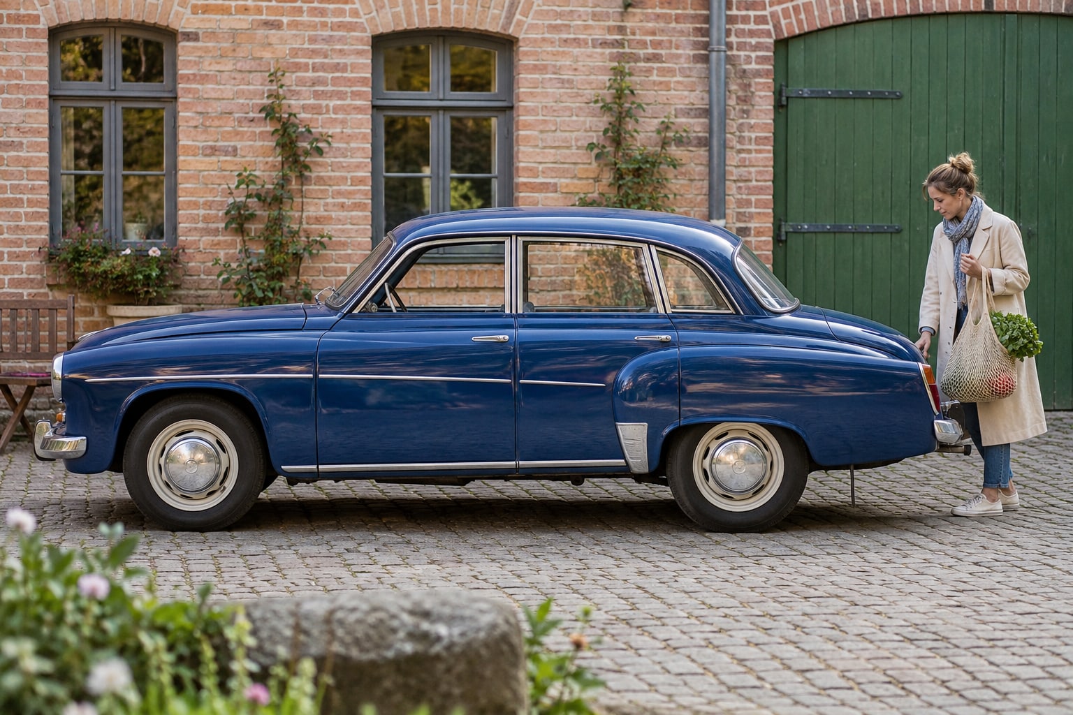 Wartburg 311 Kfz-Versicherung: Karosserievariante und dokumentierter Motorstand beeinflussen die Bewertung. Wartburg 311: blaue historische Limousine mit Frau vor einem Backsteingebäude