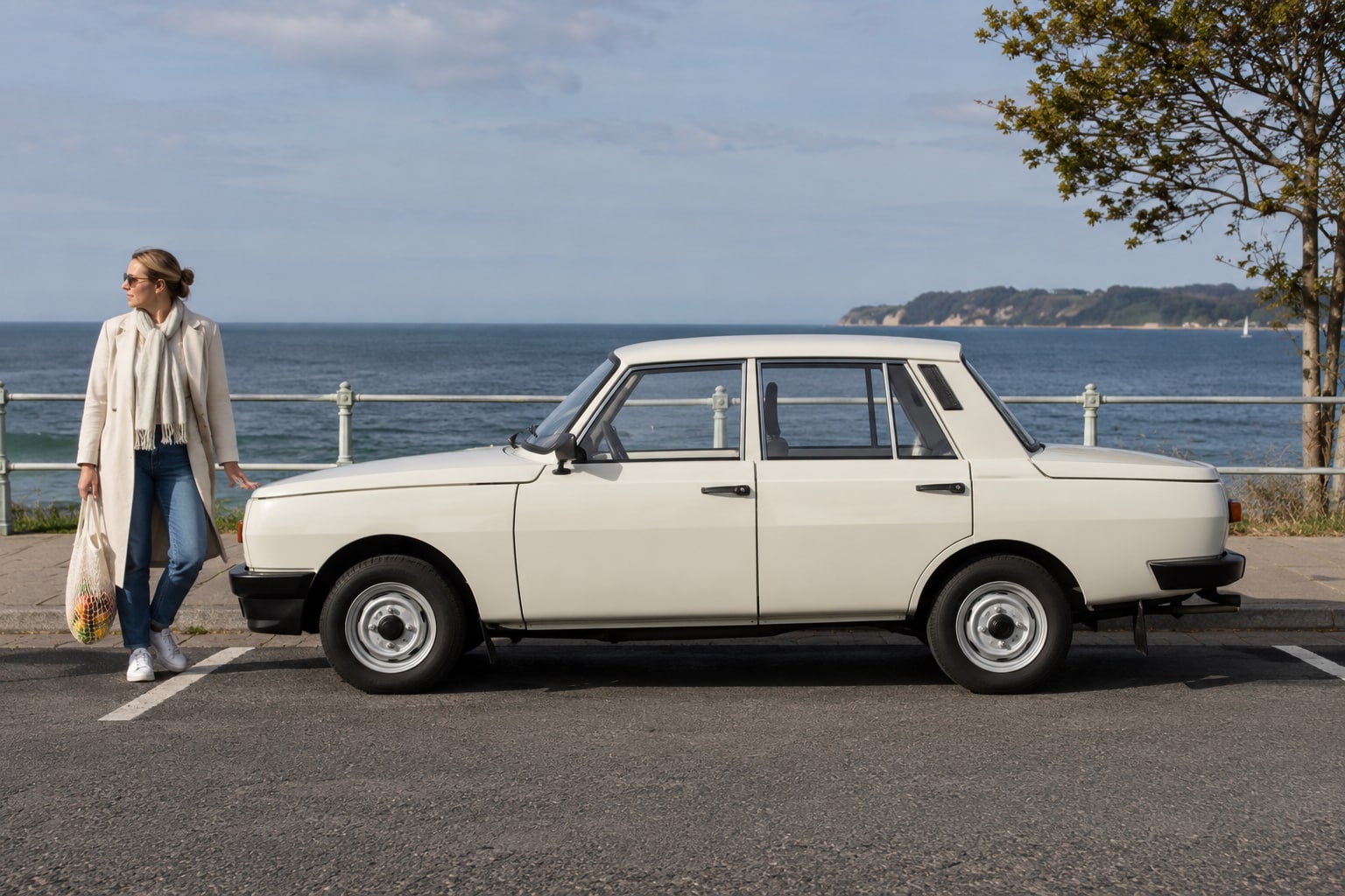 Weiße kantige historische Limousine mit Frau am Meer: Wartburg 353 Autoversicherung