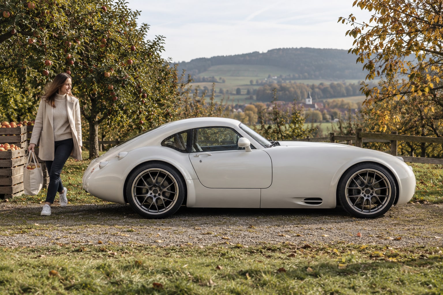 Wiesmann Kfz-Versicherung: Manufakturaufbau und individueller Ausstattungswert verlangen eine passende Bewertung. Weißes klassisch gestaltetes Sportcoupé mit Frau an einer Wiese: Wiesmann Autoversicherung