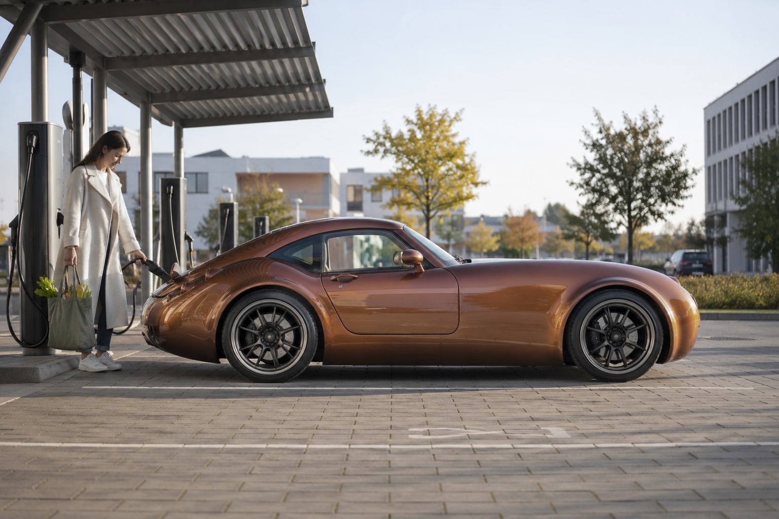 Wiesmann MF3 Autoversicherung: Reihensechszylinder und individuelle Roadster-Ausstattung zusammen bewerten. Bronzefarbenes klassisch gestaltetes Sportcoupé mit Frau vor einer Halle: Wiesmann MF3 Kfz-Versicherung
