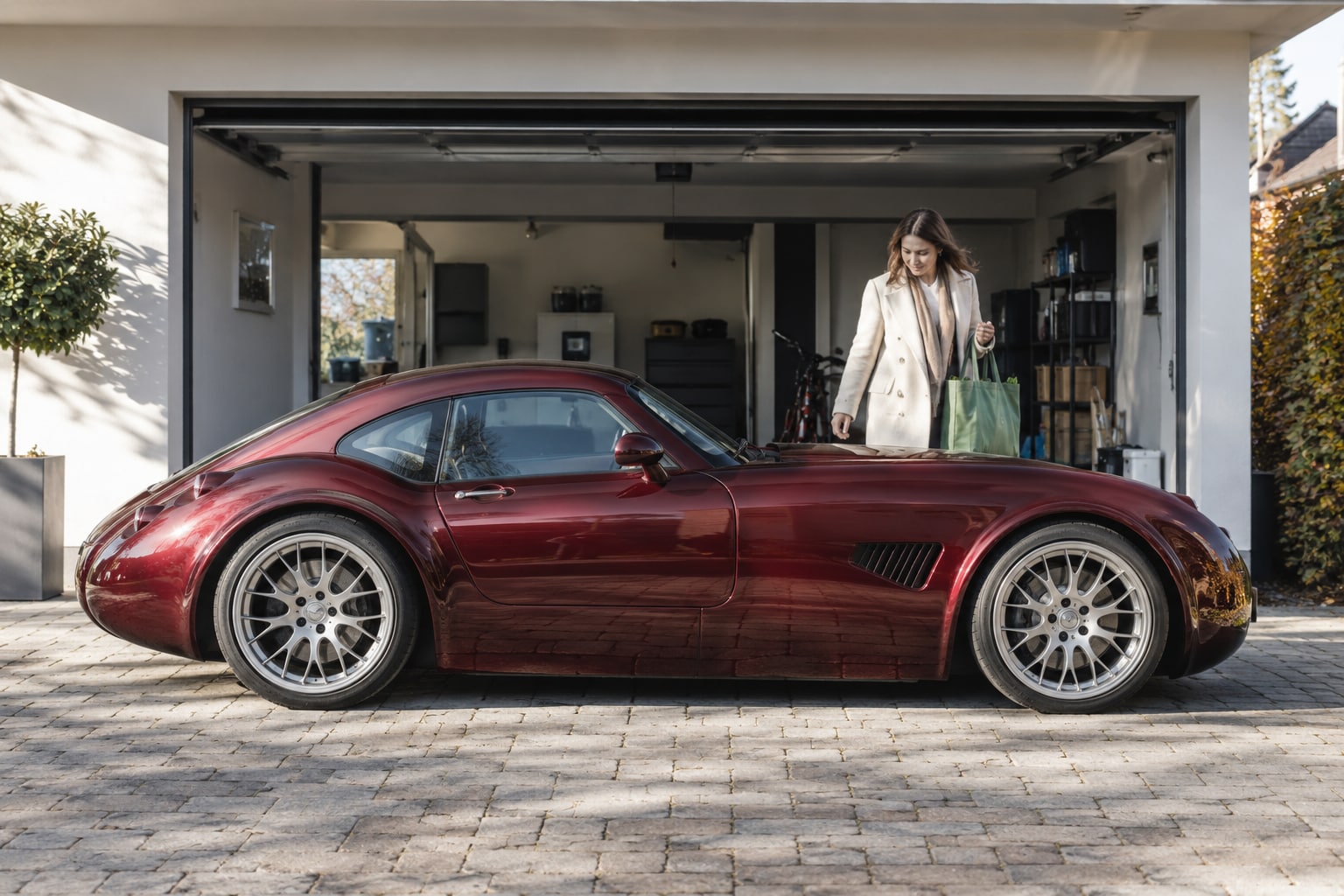 Wiesmann MF4 Kfz-Versicherung: GT, Roadster und die verschiedenen V8-Versionen individuell zuordnen. Bordeauxrotes Sportcoupé mit Frau vor einer Werkstatt: Wiesmann MF4 Autoversicherung