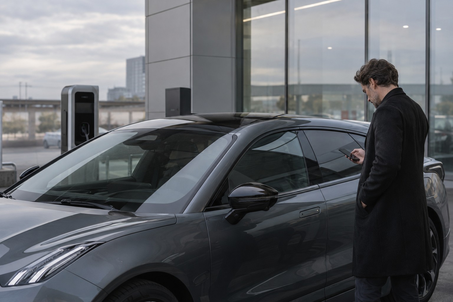 Mann mit Smartphone neben einem grauen Zeekr 001 an einer Ladestation