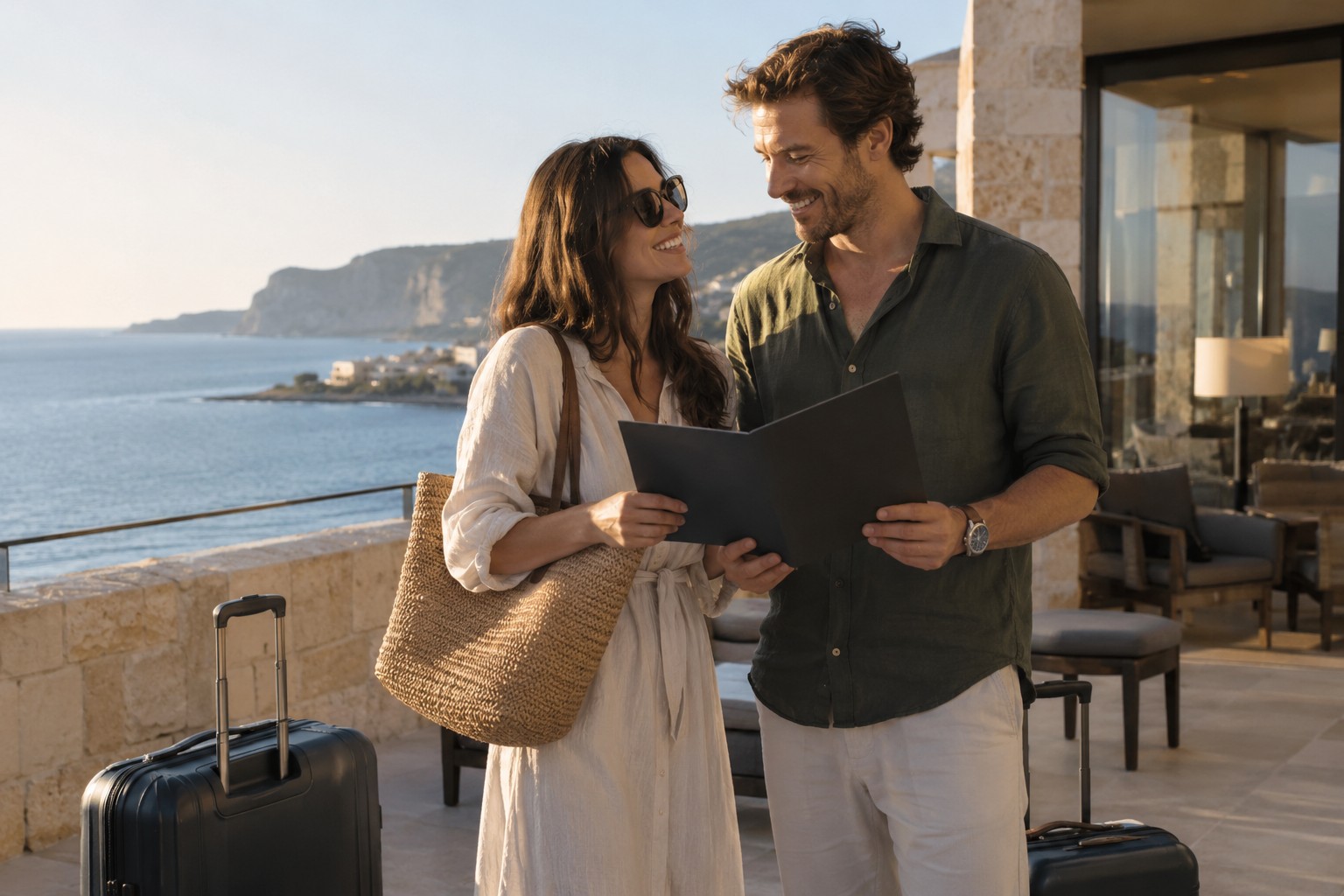 Zeekr Autoversicherung: Paar mit Reisegepäck und Fahrzeugmappe auf einer Hotelterrasse am Meer