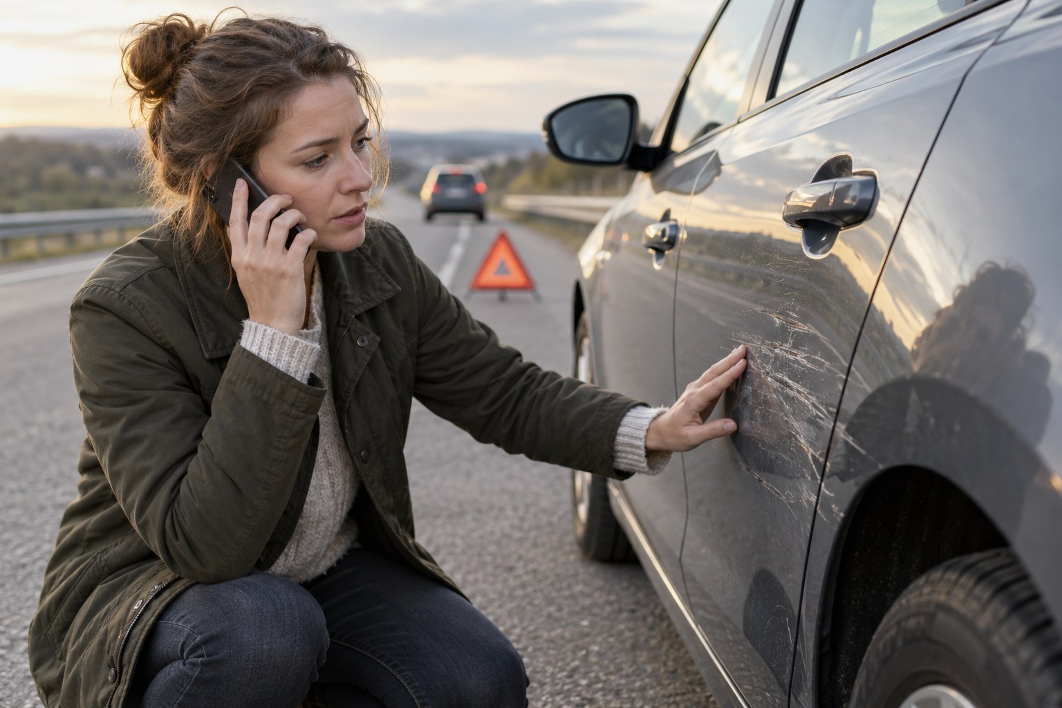 Frau telefoniert neben einer beschädigten Autotür nach einem Unfall