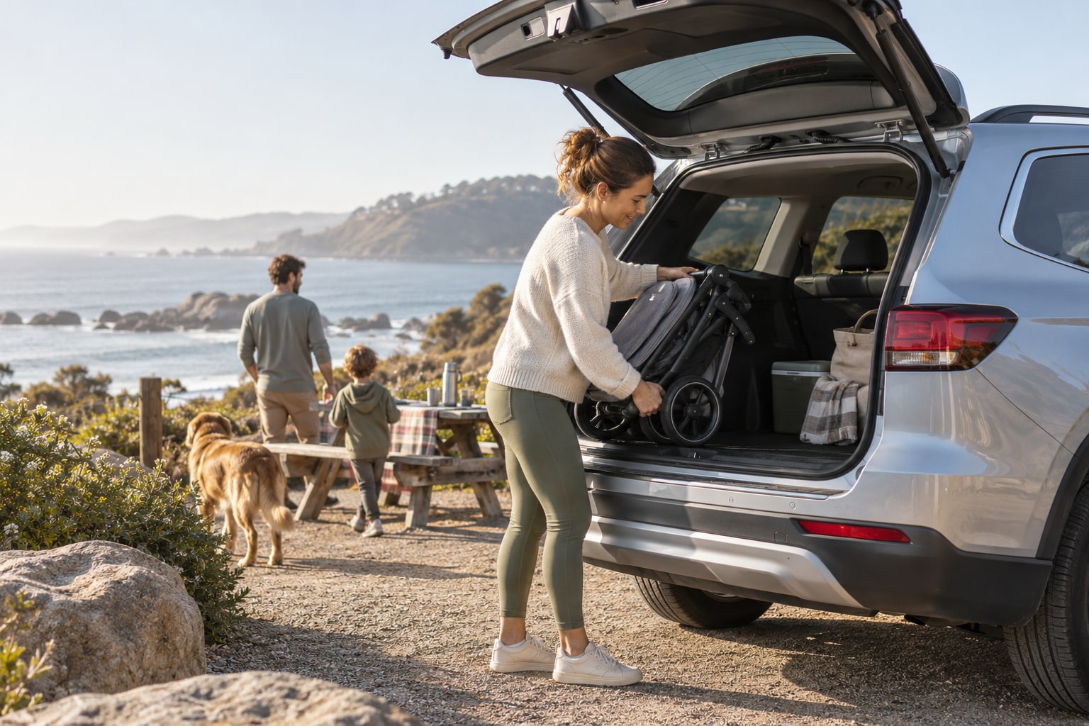 Zurich Autoversicherung: Kasko, Schutz auf Reisen und Entschädigungsfristen passend auswählen. Frau verstaut einen Kinderwagen im geöffneten Kofferraum eines silbernen SUV an der Küste